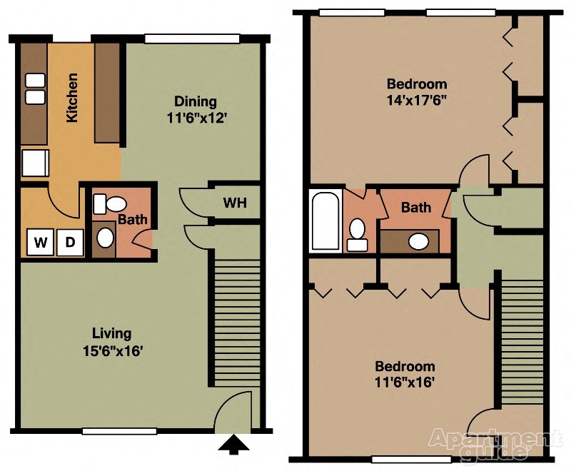 Floor plan for 2 beds, 1.5 baths, 1340 sqft
